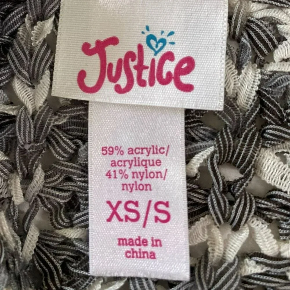 Justice Girls XS/S Black White Marled Open Knit Fringe Poncho Sweater Top Boho